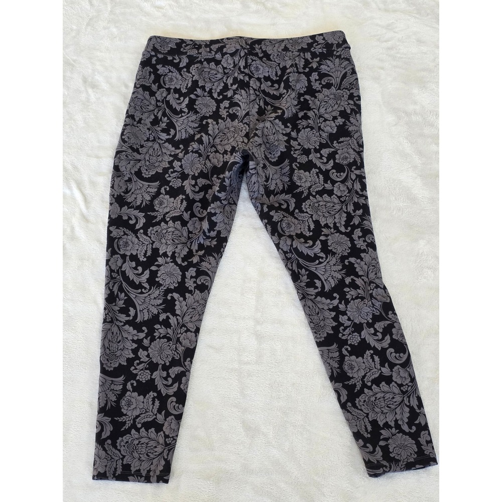 Soft‎ Surroundings Black Gray Floral Print Stretch Leggings Pants Size L